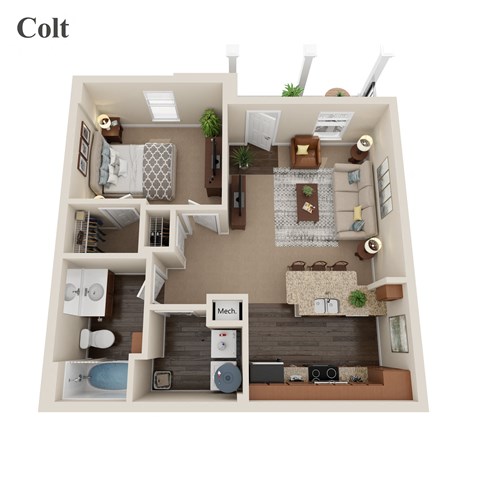 Floor plan for 1 bed, 1 bath, 660 sqft